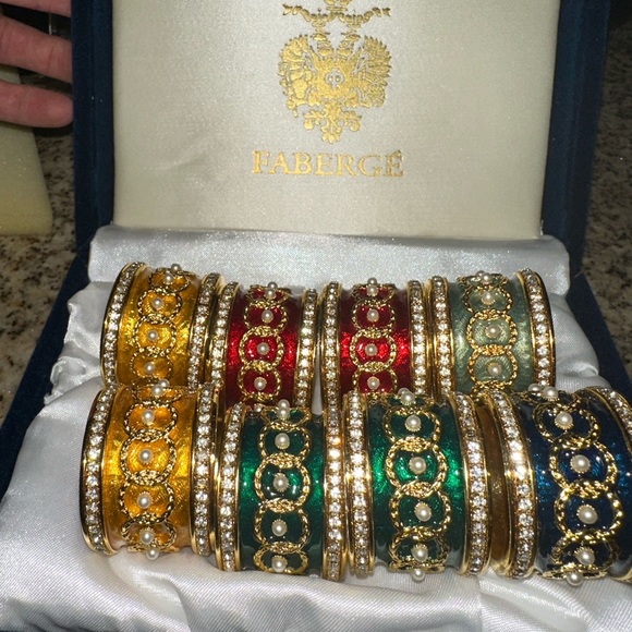 Beautiful Vintage Faberge Crystal & Enamel Napkin Ring Holders Set Of 8 m60 - Picture 2 of 11
